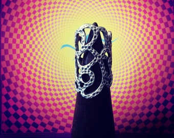 abstract ring, silver plated, hammered work, see through, big ring, long ring, artwork, elegant, eccentric, unique