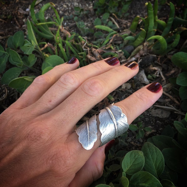 Feather Big wrapped ring, silver plated