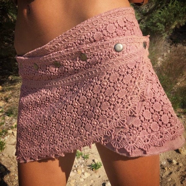 mini crochet skirt, wrap around, free size with brass buttons