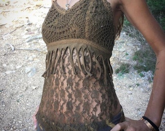 crochet and lace boho open back top, natural dying