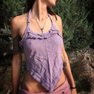 sexy jute top, pointy top with open adjustable strings back, natural fabric, natural colors