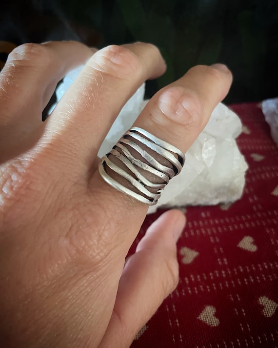 Brutalistic wavy stripes ring, silver plated or silver 925