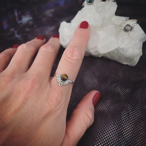 Stylized Lotus Flower delicate sterling silver ring with semi precious stone