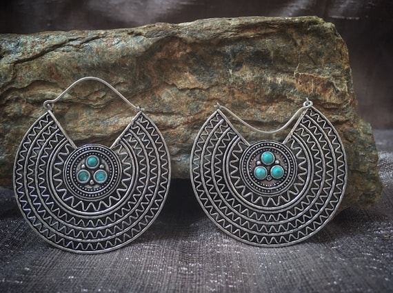 Native turquoise big hoops earrings