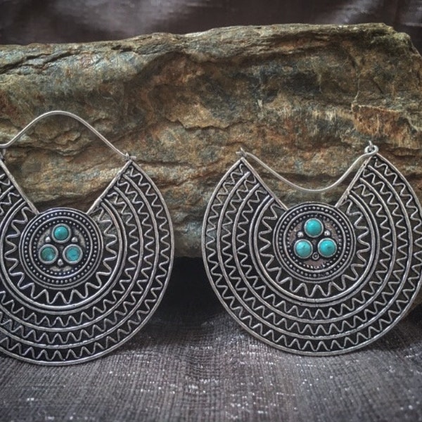 Big Tribal Hoops earrings with turquoise stone, maya aztec native motif