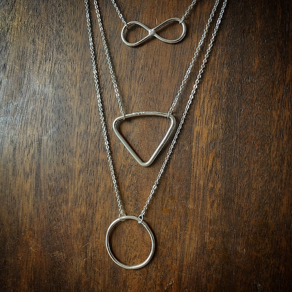 Minimal Geometric charm fine necklace, round, triangle and ellipses, silver plated