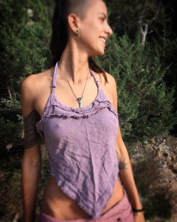sexy jute top, pointy top with open adjustable strings back, natural fabric, natural colors