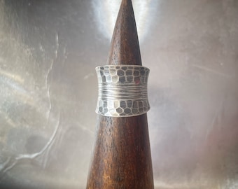 Hammered scratched sterling silver open adjustable ring