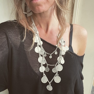 Coin hanging chain necklace, silver plated