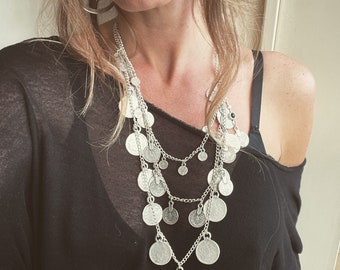 Coin hanging chain necklace, silver plated