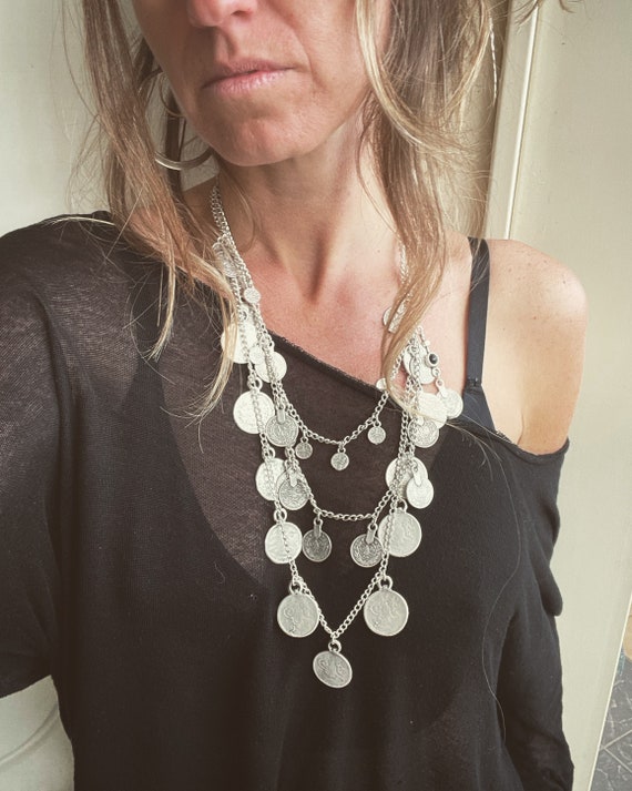 Coin hanging chain necklace, silver plated