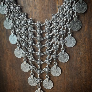 Bib triangle chain necklace with round studs beads, silver plated image 7