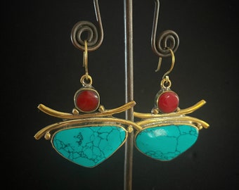 Bee solid brass earrings with big turquoise and coral