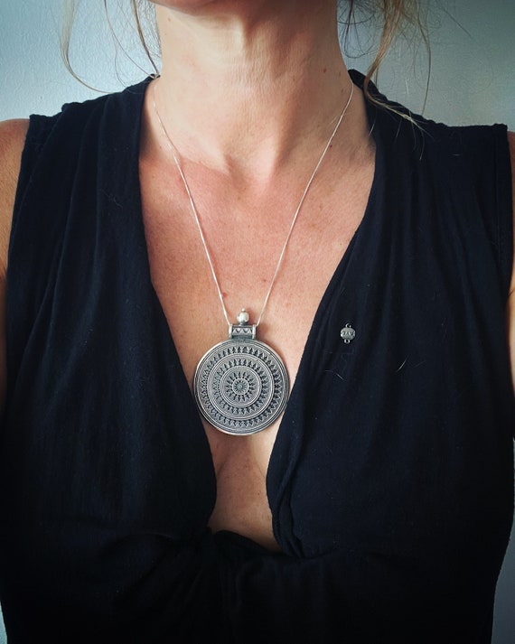 Wheel of Life maxi mandala silver pendant, ethnic tribal traditional silver jewelry