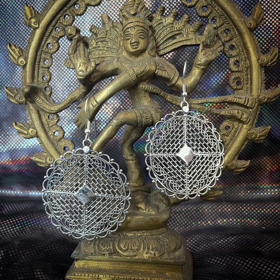 Filigree mandala round earrings, sterling silver 925