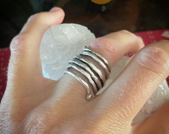Wraparound rough wire ring, adjustable, silver plated
