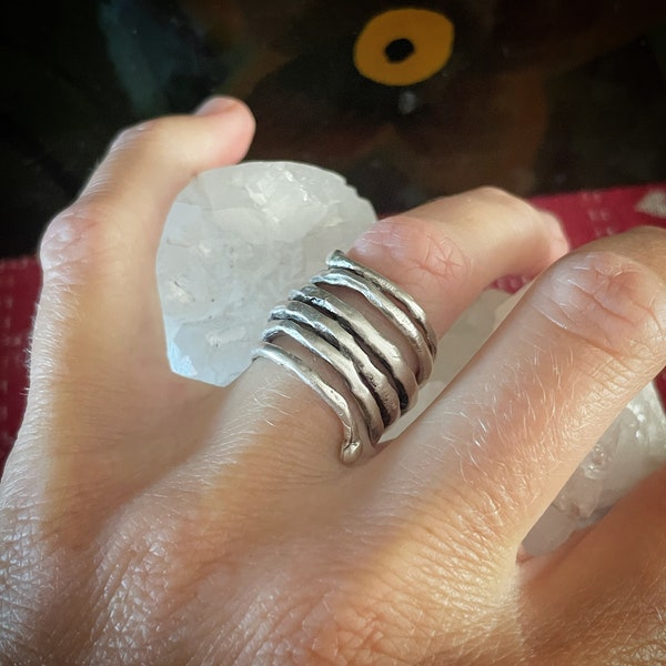 Wraparound rough wire ring, adjustable, silver plated