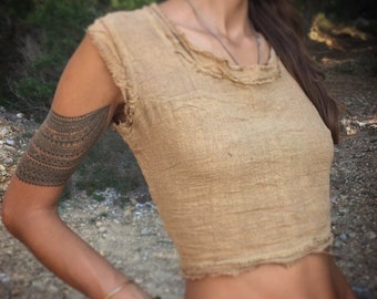 haut court en jute, dos ouvert réglable avec des cordes, haut boho en tissu naturel