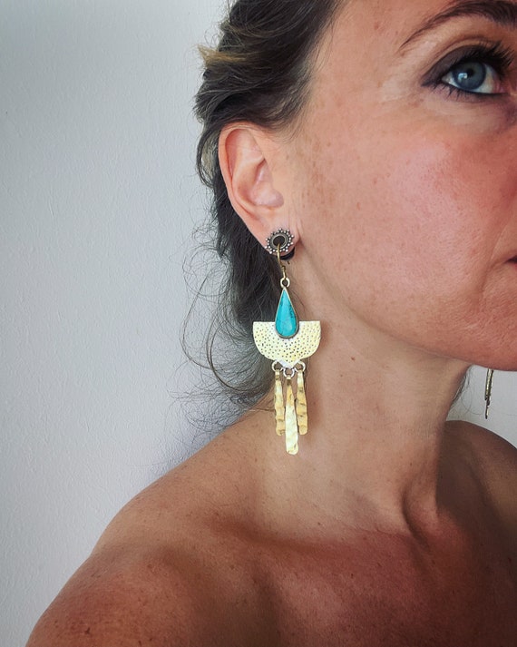 Turquoise Empress long brass earrings, one of a kind handmade earrings