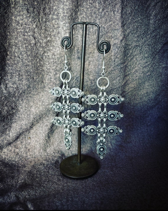 tribal native long earrings, silver plated