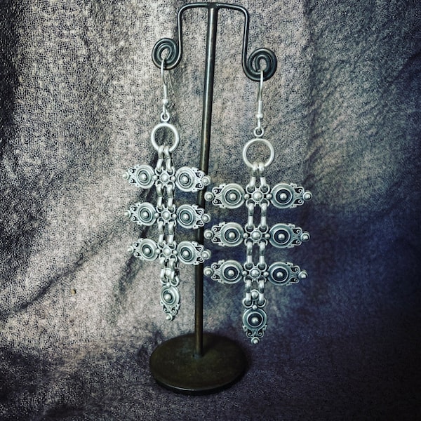 tribal native long earrings, silver plated