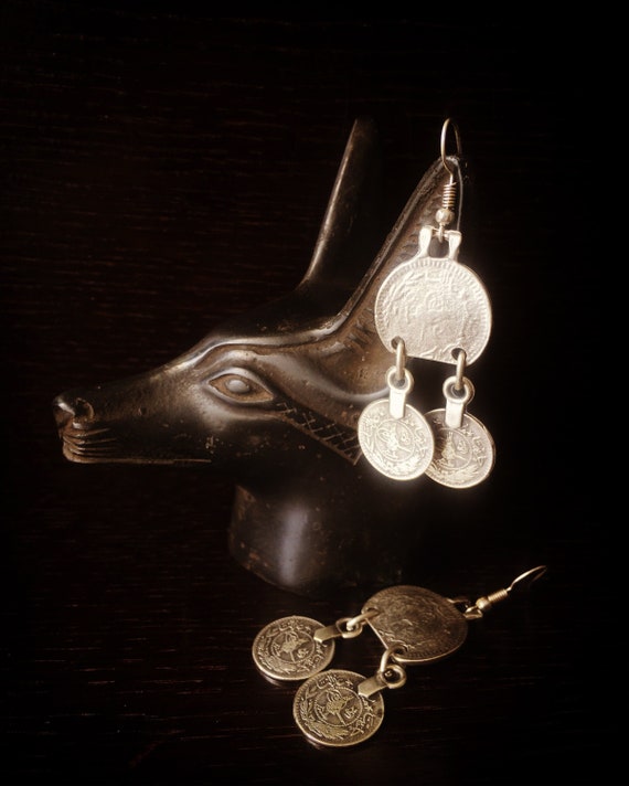 Coins pendant earrings, silver plated