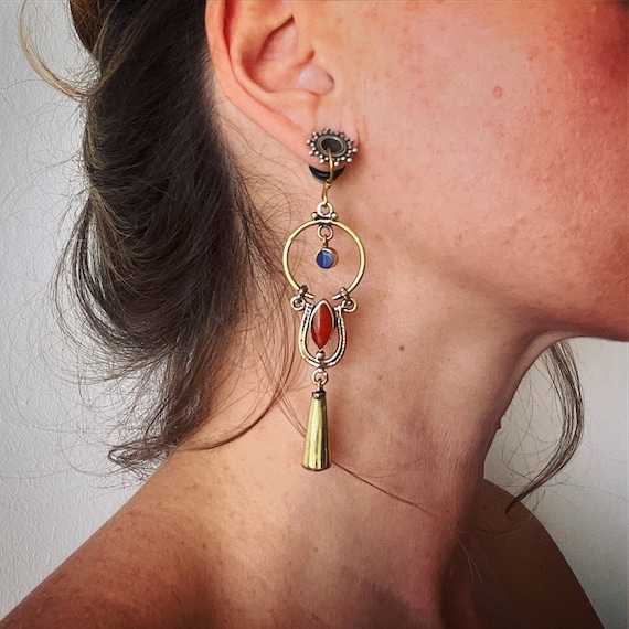 Iterstellar Princess brass long earrings, with turquoise, coral and lapis paste, one of a kind