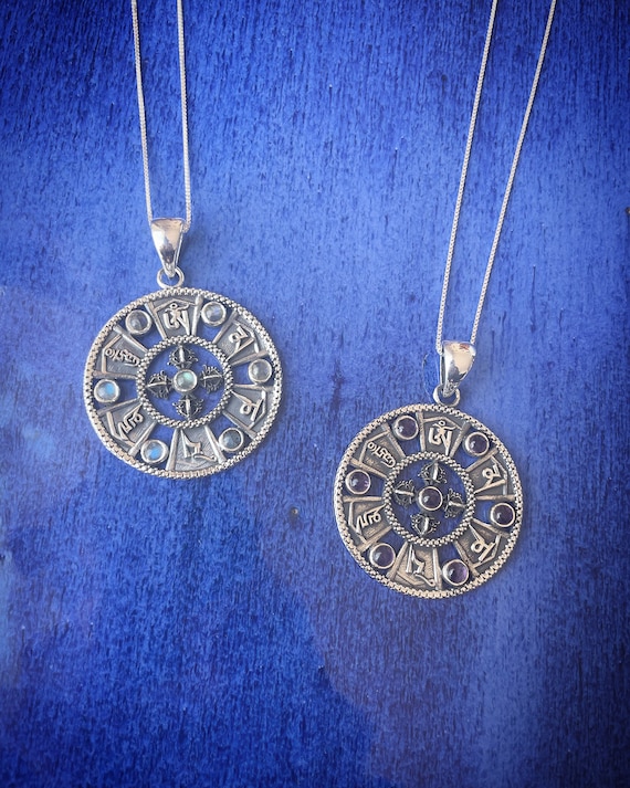 Double Dorje and mantras mandala silver pendant, traditional sacred silver jewelry