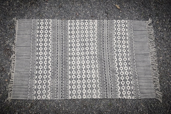 Black and White Geometric Hand Block Print Rug