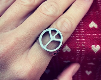 Peace and Love hippie ring, adjustable, silver plated