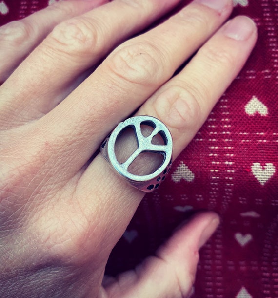 Peace and Love hippie ring, adjustable, silver plated