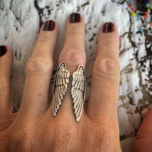 May include: A silver-toned ring featuring a split wing design. The ring is worn on a finger, with the wings extending outwards. The ring's details include feather-like textures and a polished finish. The background is a textured, off-white surface.