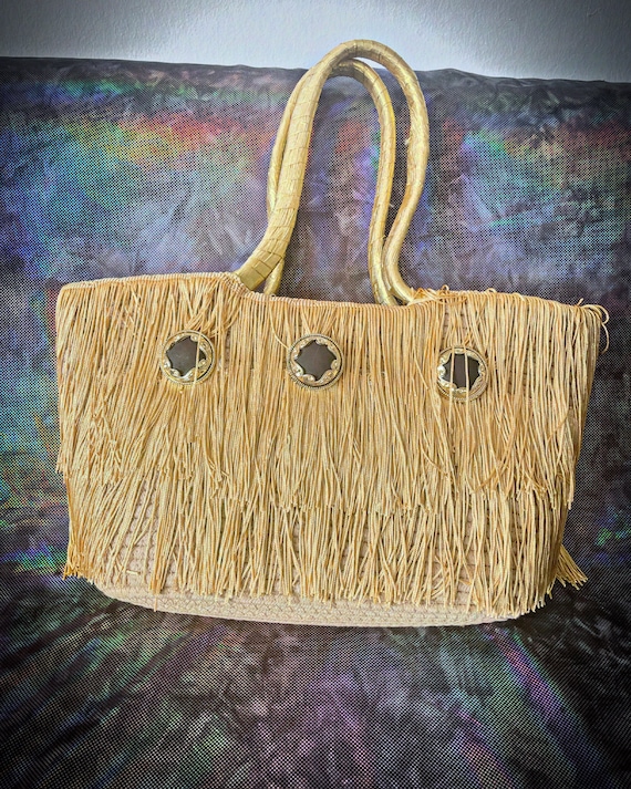 Wicker beach bag covered with golden fringes, handmade with love, one-of-a-kind
