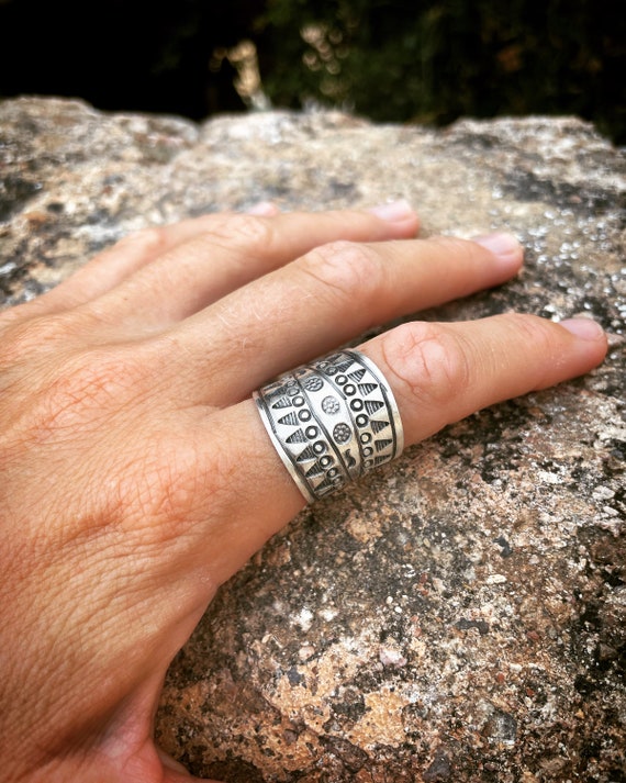 Tribal geometric sterling silver 925 adjustable unisex ring