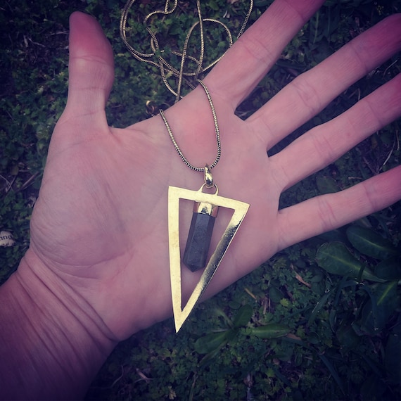 Triangle Brass Pendant with Labradorite or Tiger Eye Crystal