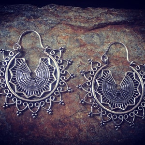 Tribal mandala solid hoops earrings, silver plated
