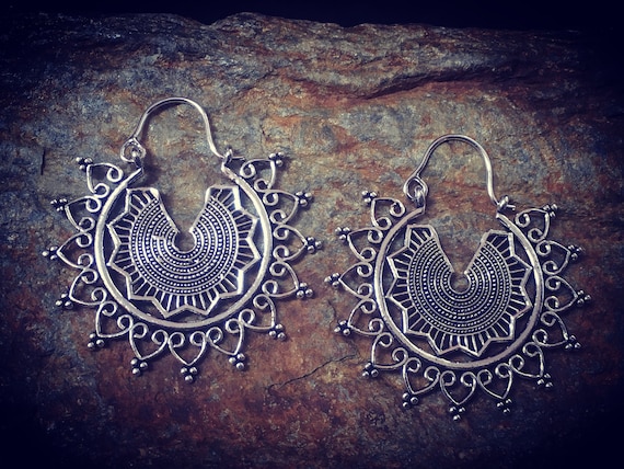 Tribal kaleidoscope mandala solid hoops earrings, silver plated