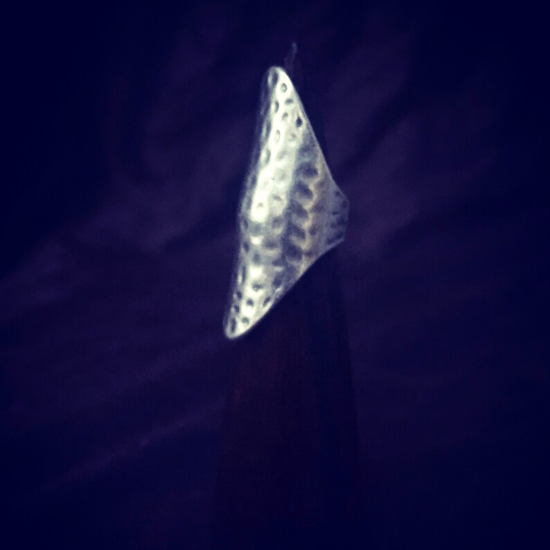 May include: A silver triangle-shaped ring with a hammered texture.