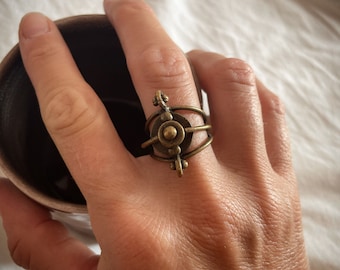 Steampunk Compass ring, zamak silver plated, adjustable, free size, astronomical, helm ring, sailor ring