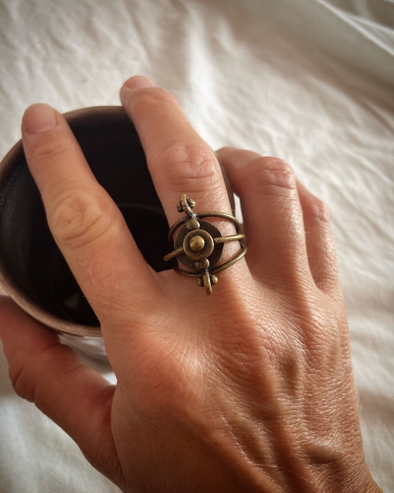 Steampunk Compass ring, zamak silver plated, adjustable, free size, astronomical, helm ring, sailor ring