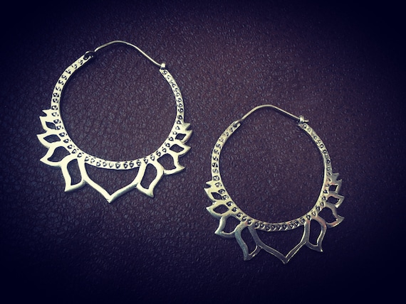 Lotus Flower thin light medium size hoops earrings, silver plated