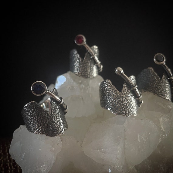 Brutalist sterling silver ring with round zircon