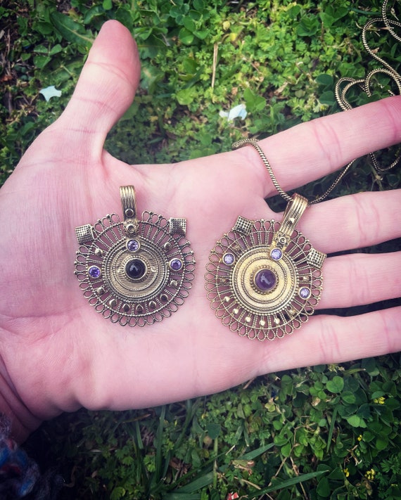 Warrior of Peace brass pendant with amethyst or smoked quart