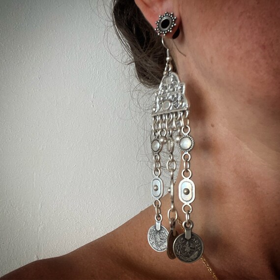 Cleopatra long coins pendant earrings, silver plated