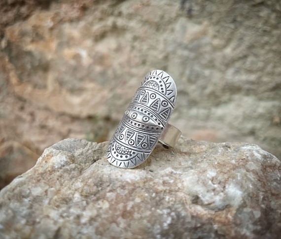 Sun Salutation long tribal sterling silver 925 adjustable ring