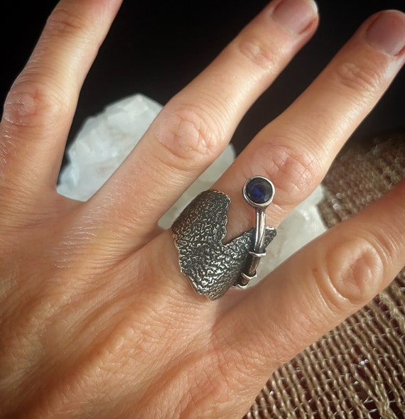 Brutalist sterling silver ring with round zircon