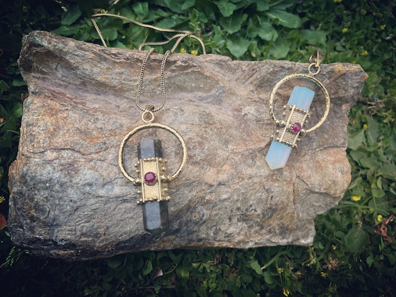 Crystal Baroc Crown, brass on crystal labradorite and white opal