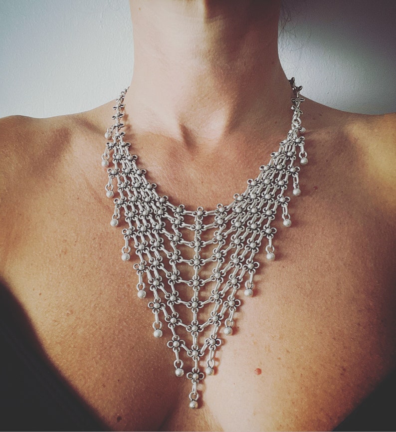 Bib triangle chain necklace with round studs beads, silver plated pending balls