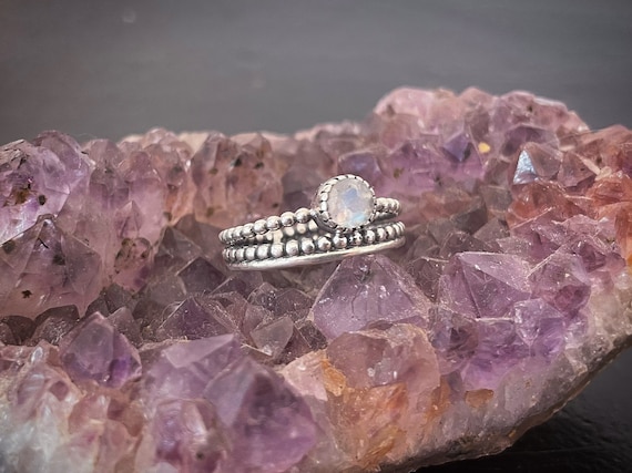 Faceted MoonStone delicate silver ring with 3 dots band