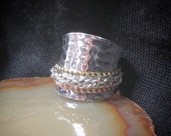 925 Silver Brass Copper spinner hammered braided band ring